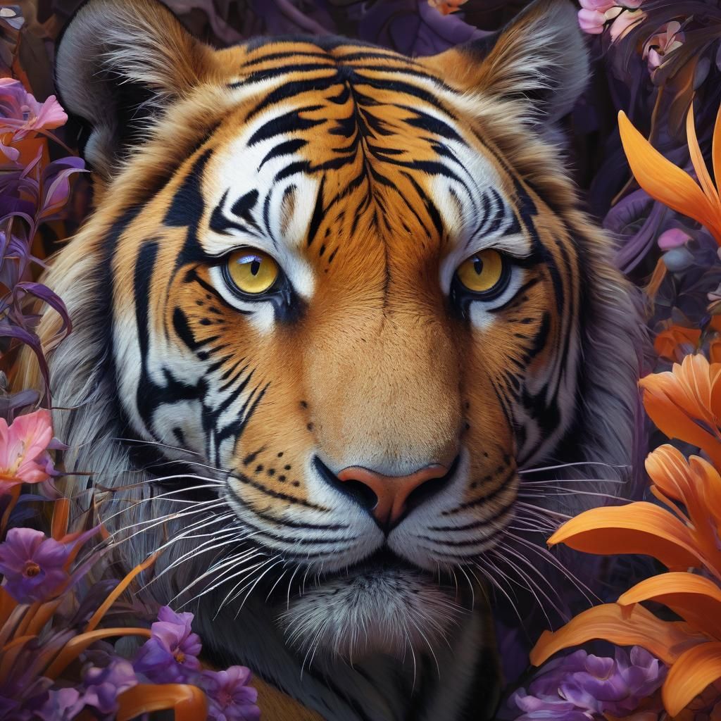 Tiger Eyes in Jungle Flowers, James Jean Style