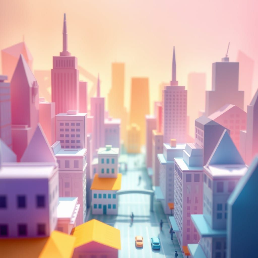 Layered Origami Cityscape in Vibrant Rainbow Light