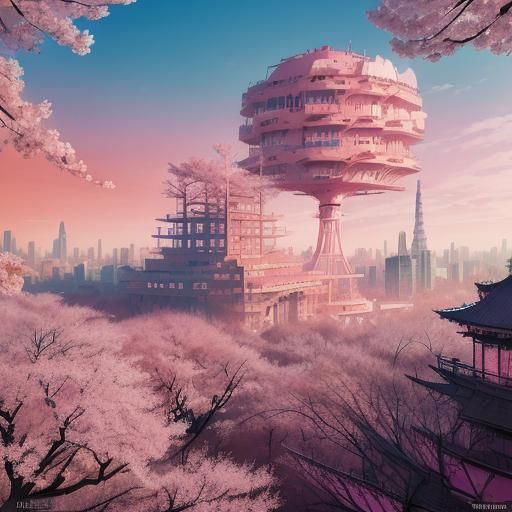 Pink Metropolis in Sakura Forest: Art Deco Fantasy