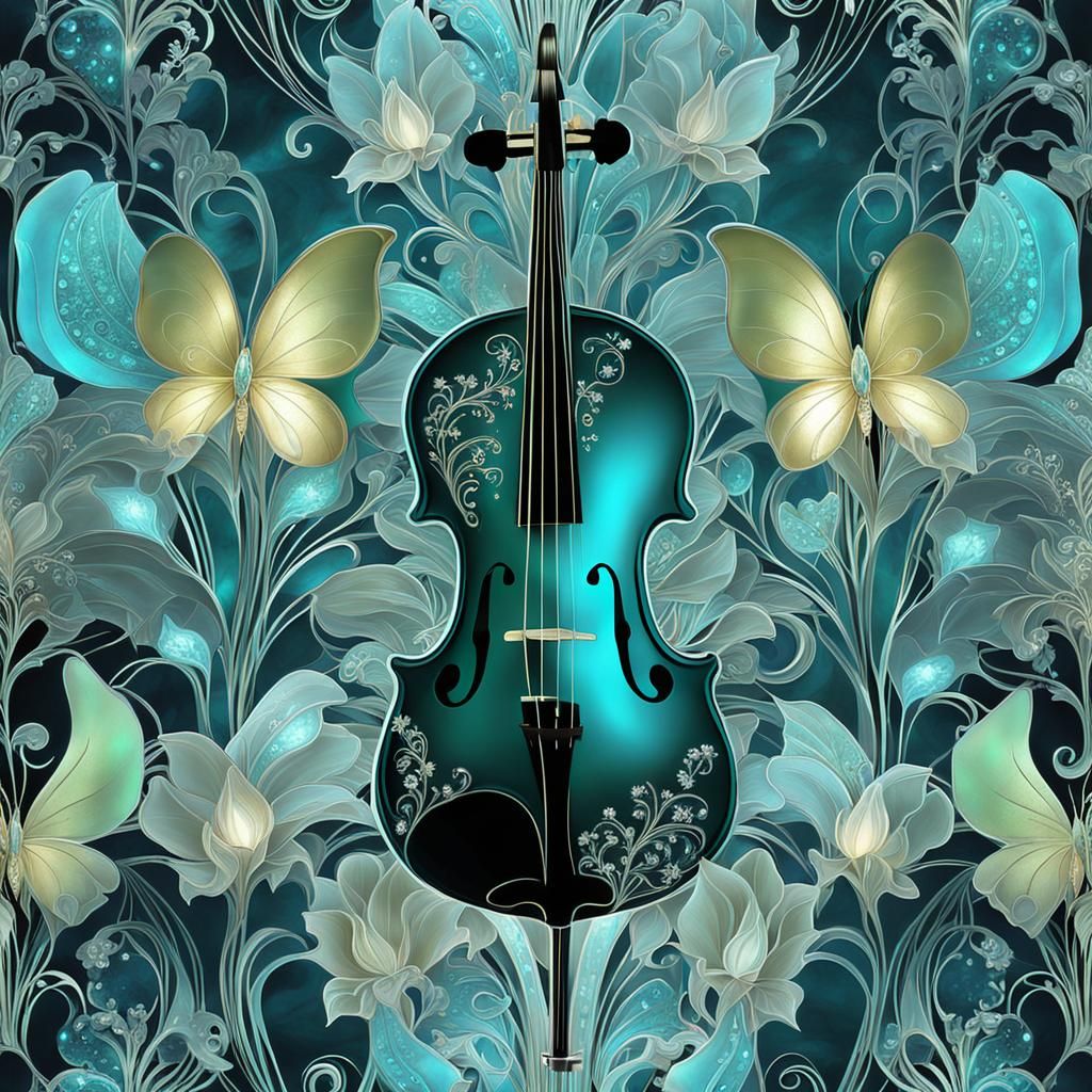 Crystal Violin with Bioluminescent Lilies