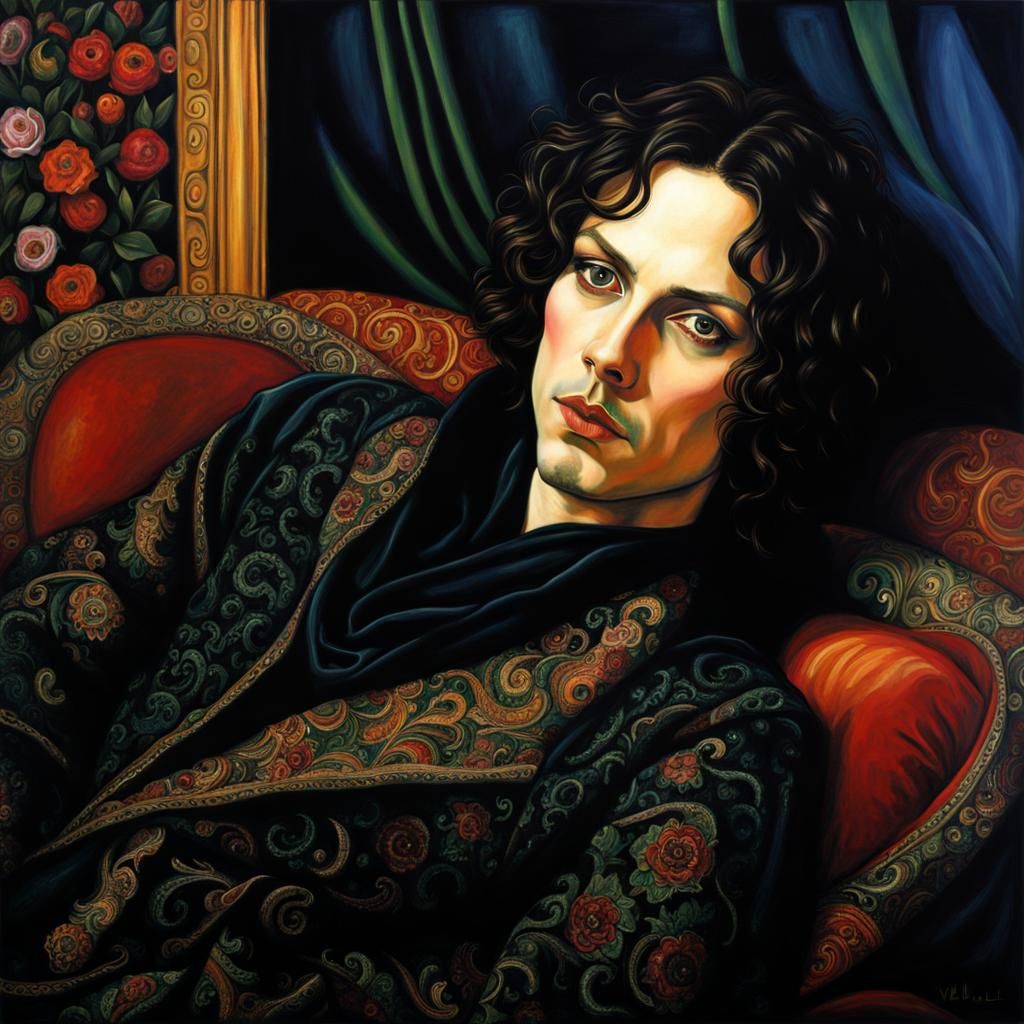 Gothic Man Lounging on Velvet Bed, Hyperdetailed Art