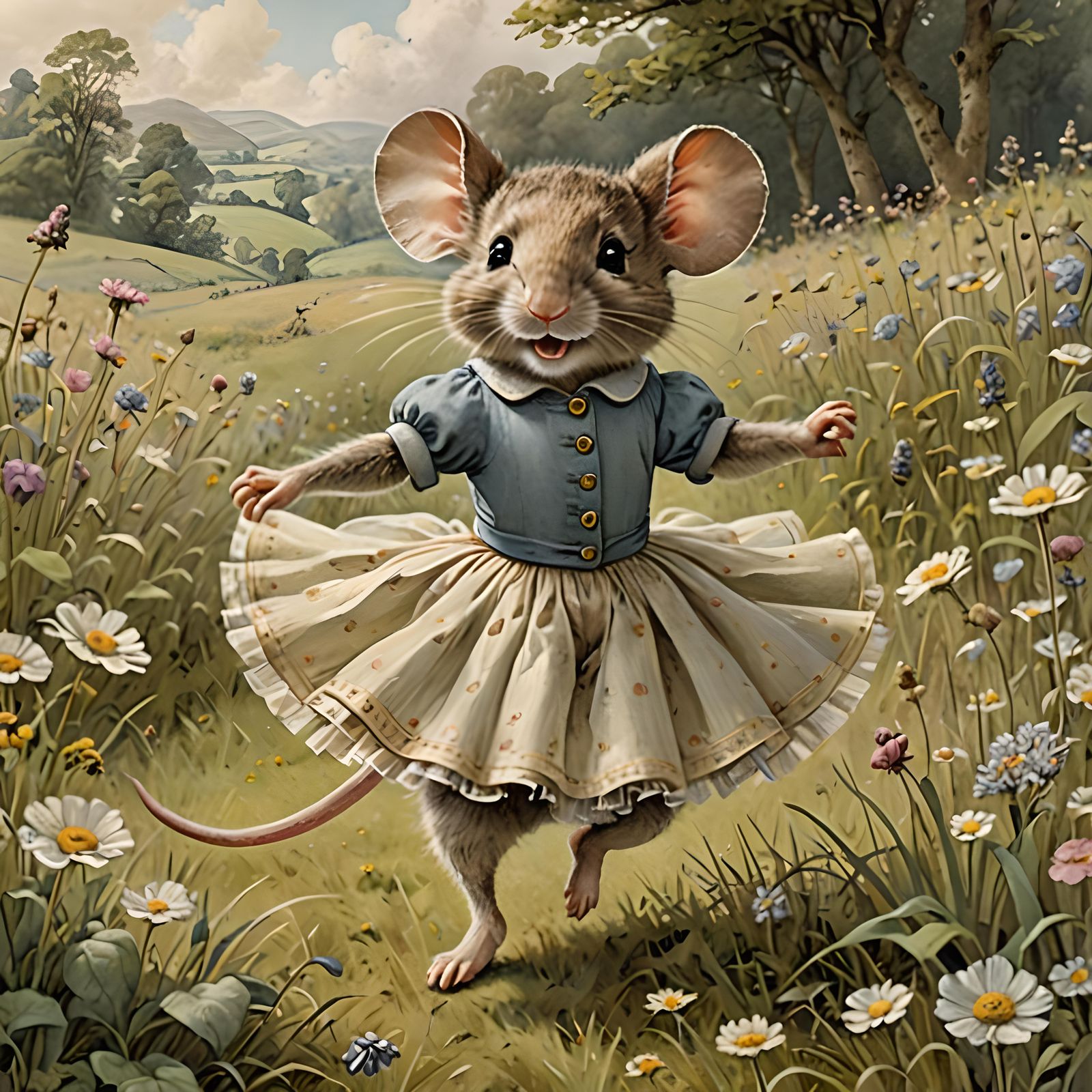 Mouse Ballerina Dances in Meadow, Illustration Style