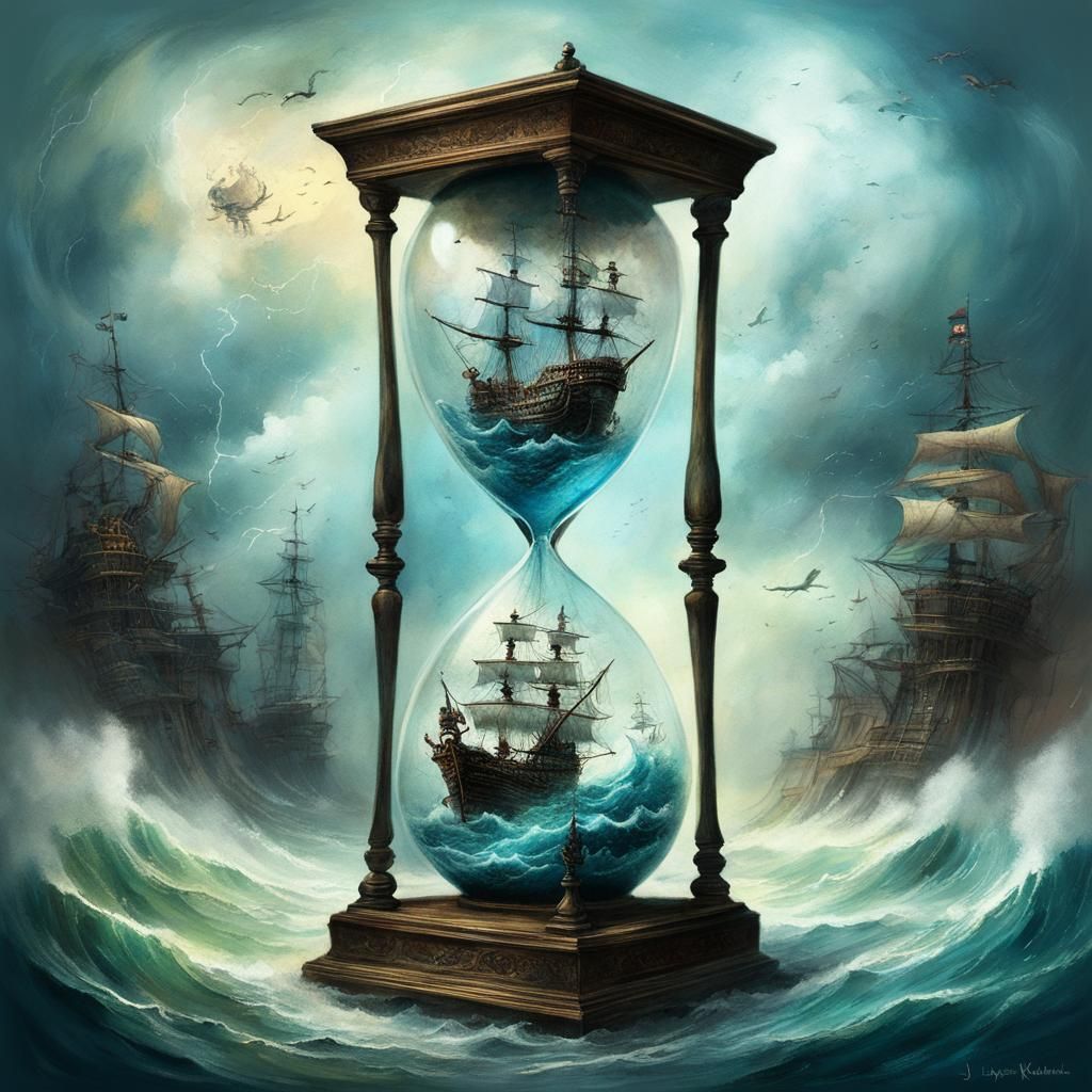 Hourglass Microworld: Pirate Ship and Storm in Oil Paint
