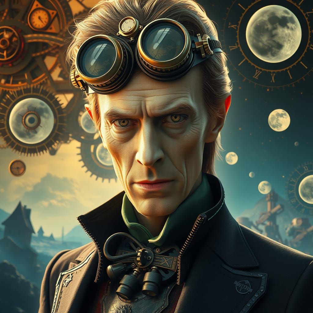 Steampunk Genius Gazing Out at Lunar Landscapes