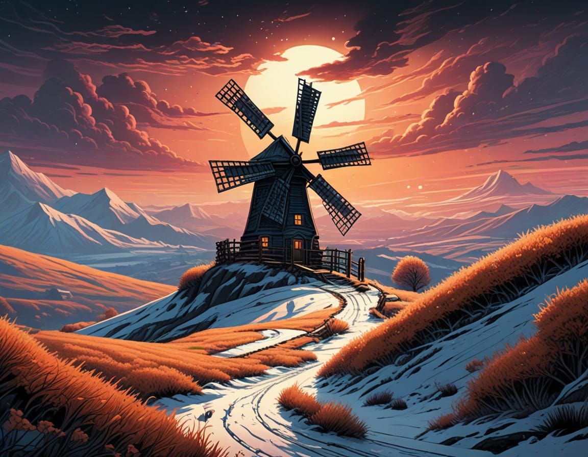 Winter Windmill Adventure in Dynamic Comic Book Style