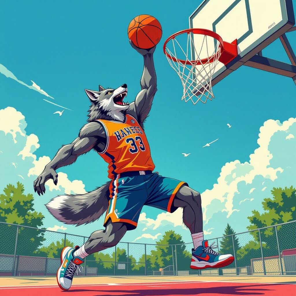 Werewolf Basketball Player in Dynamic Digital Art Style