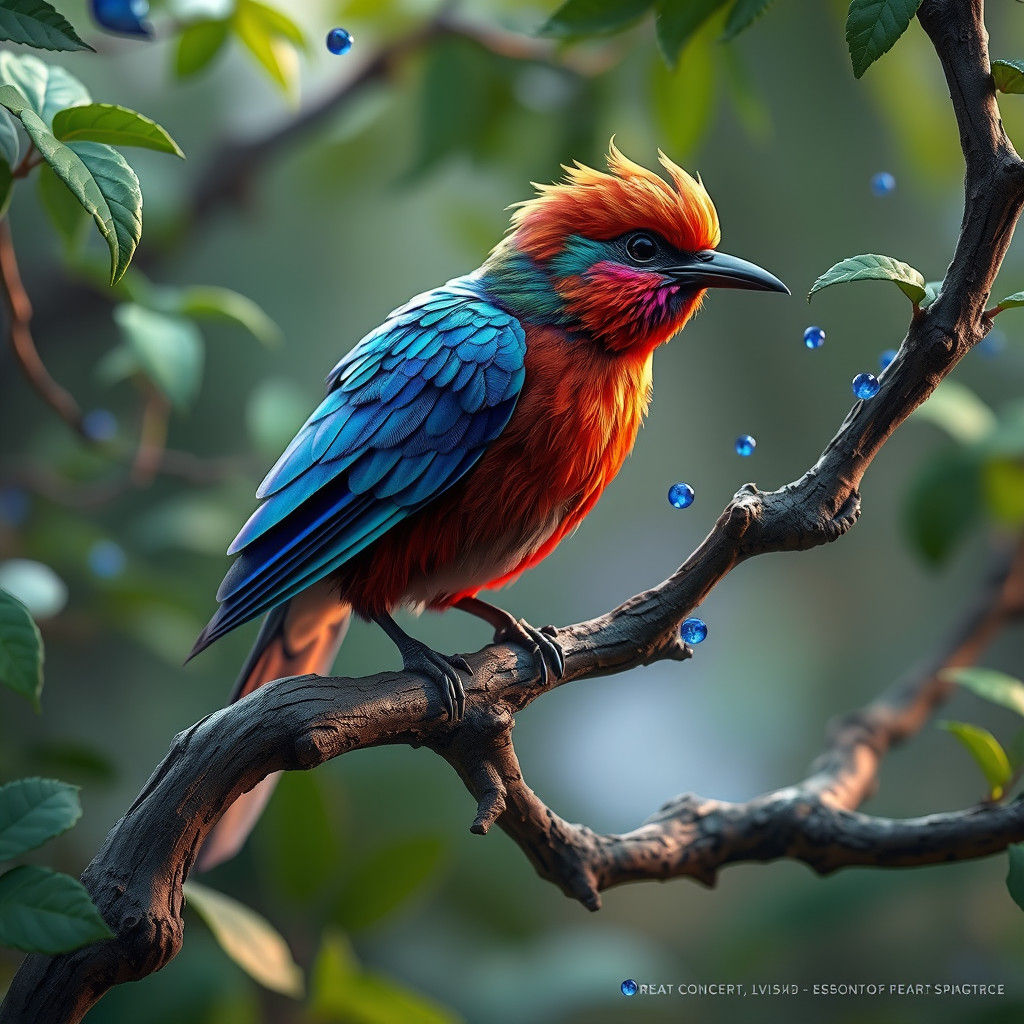 Iridescent Bird on Branch in Dreamlike Fantasy Art