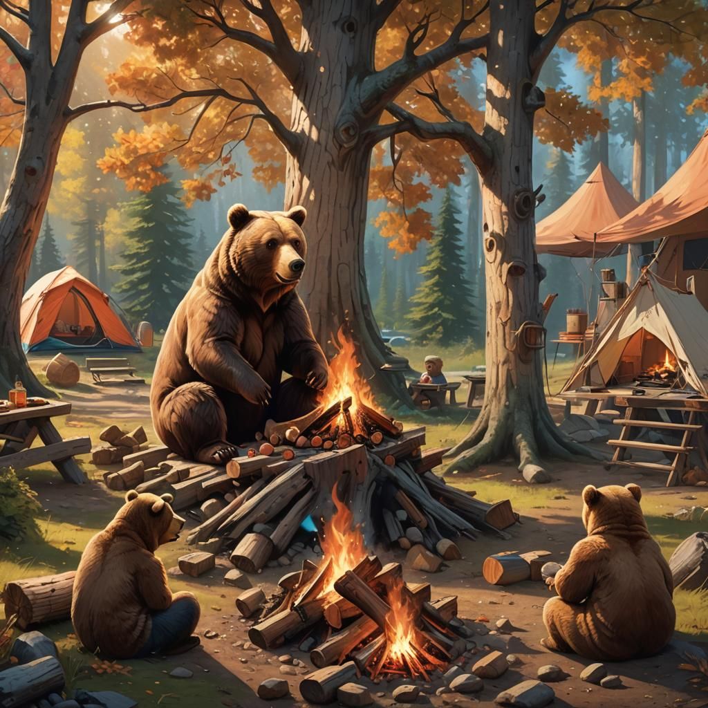 Cozy Bear Family Camping Scene