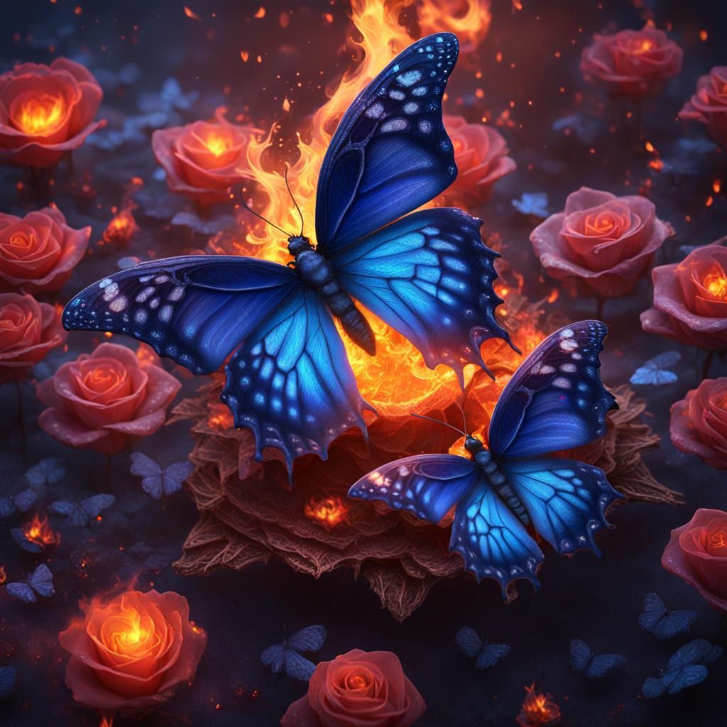 Indigo Butterfly on Fire Rose: Fantasy Concept Art