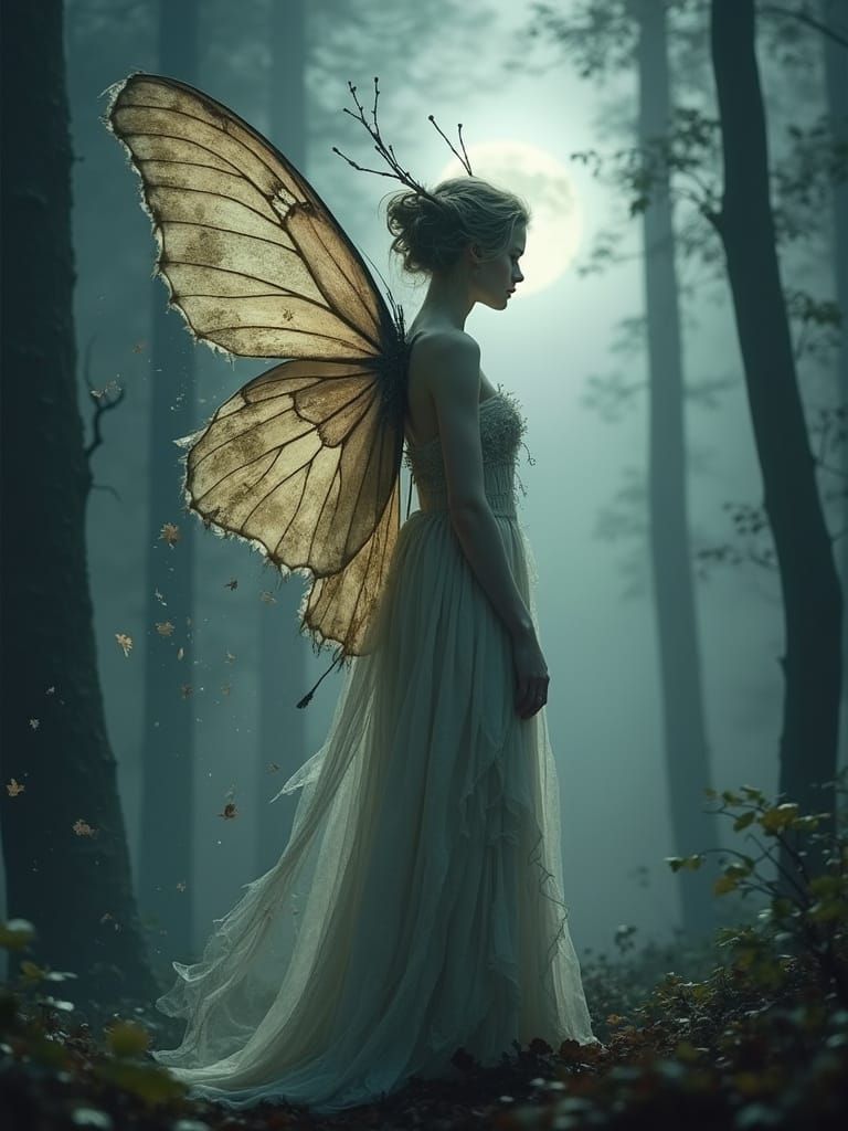 Moth-Fae in Moonlit Forest: Ethereal Beauty