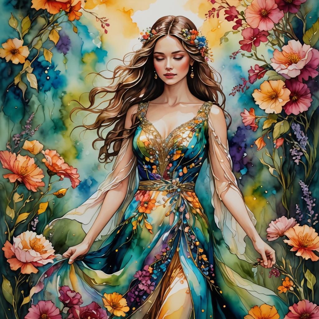 Beautiful Woman in Floral Fantasy Alcohol Ink