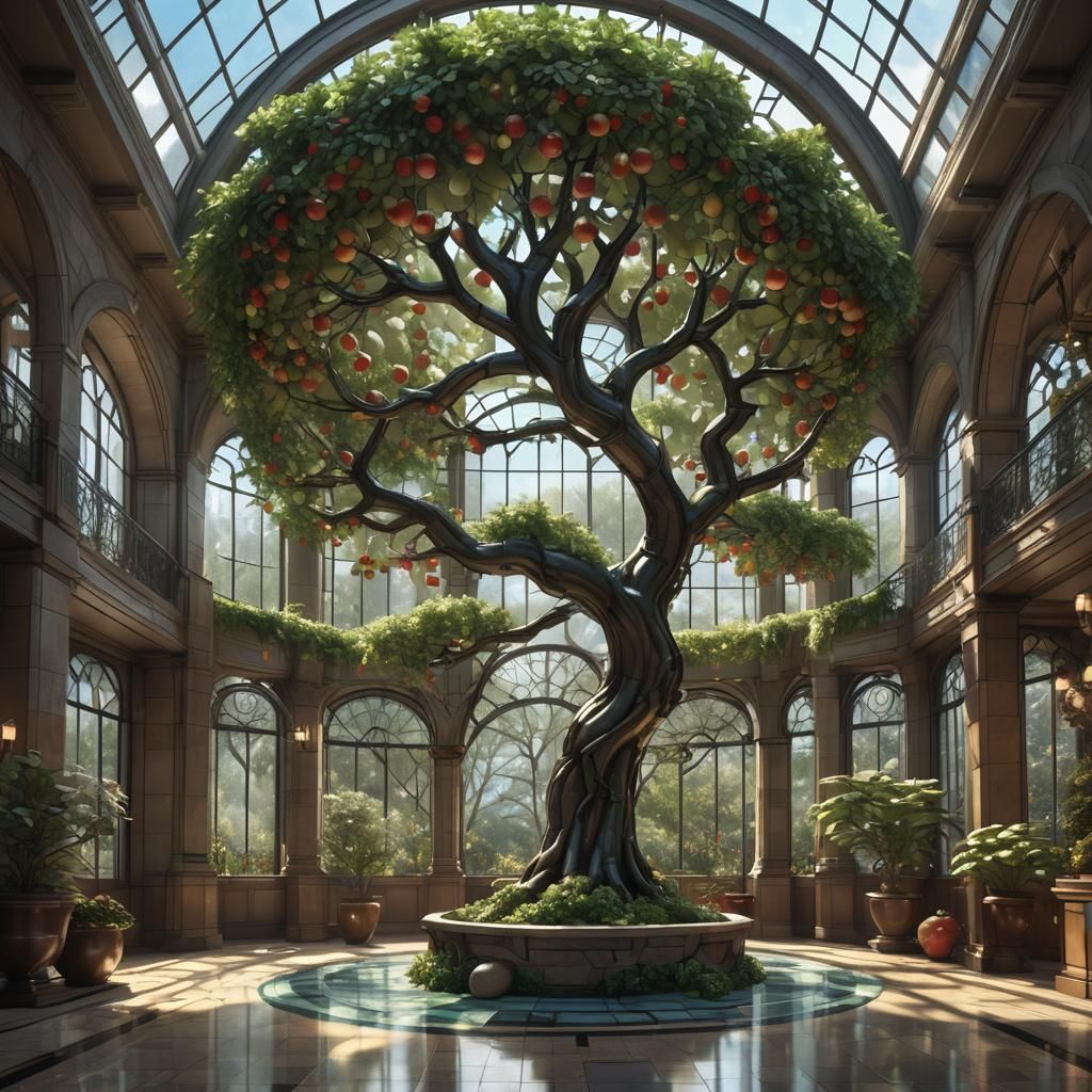 Glass Atrium with Tree and Tiffany Stained Glass