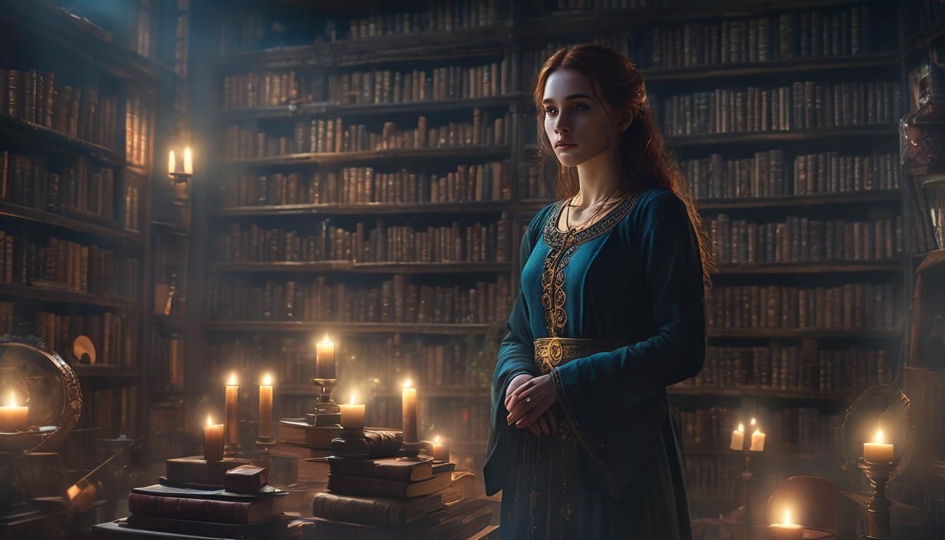 Mystical Healer in Enchanted Library During Lunar Eclipse