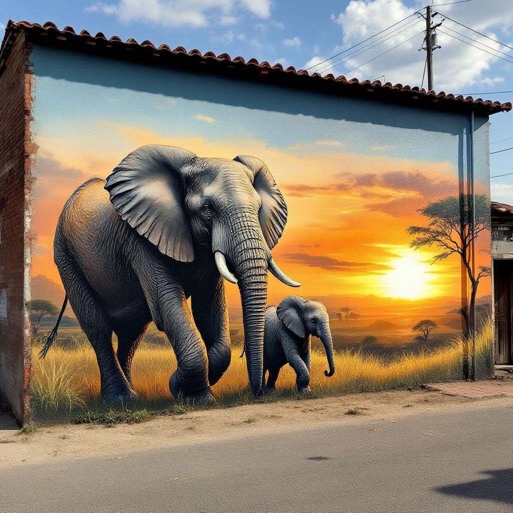 Majestic African Elephants Mural at Sunset