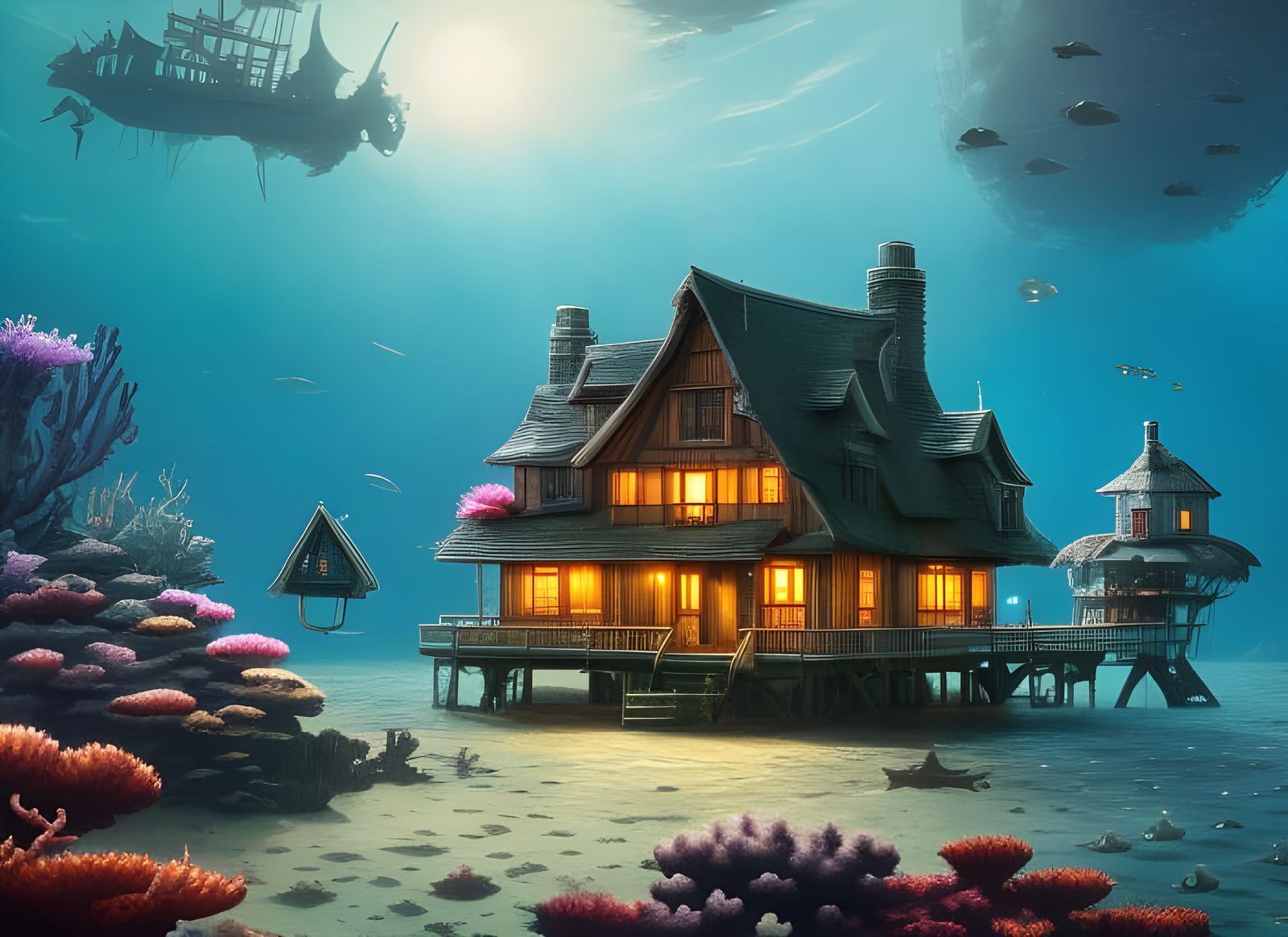 Surreal House Under the Sea: Digital Illustration