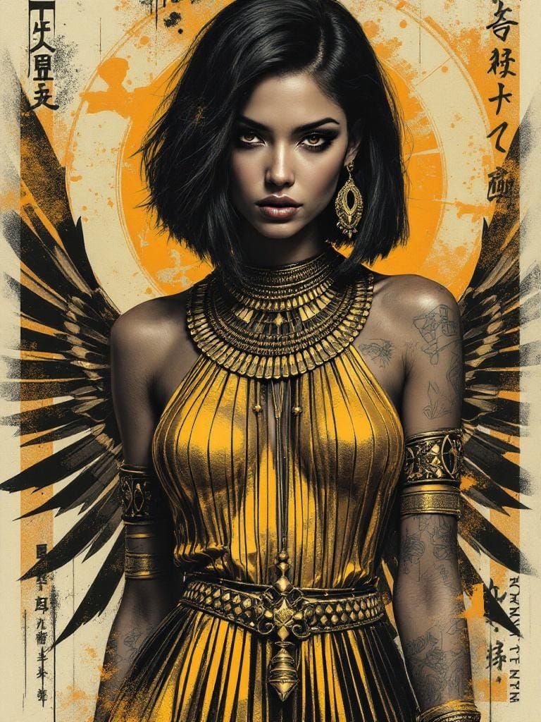 Egyptian Woman in Graphic Style with Metallic Dress