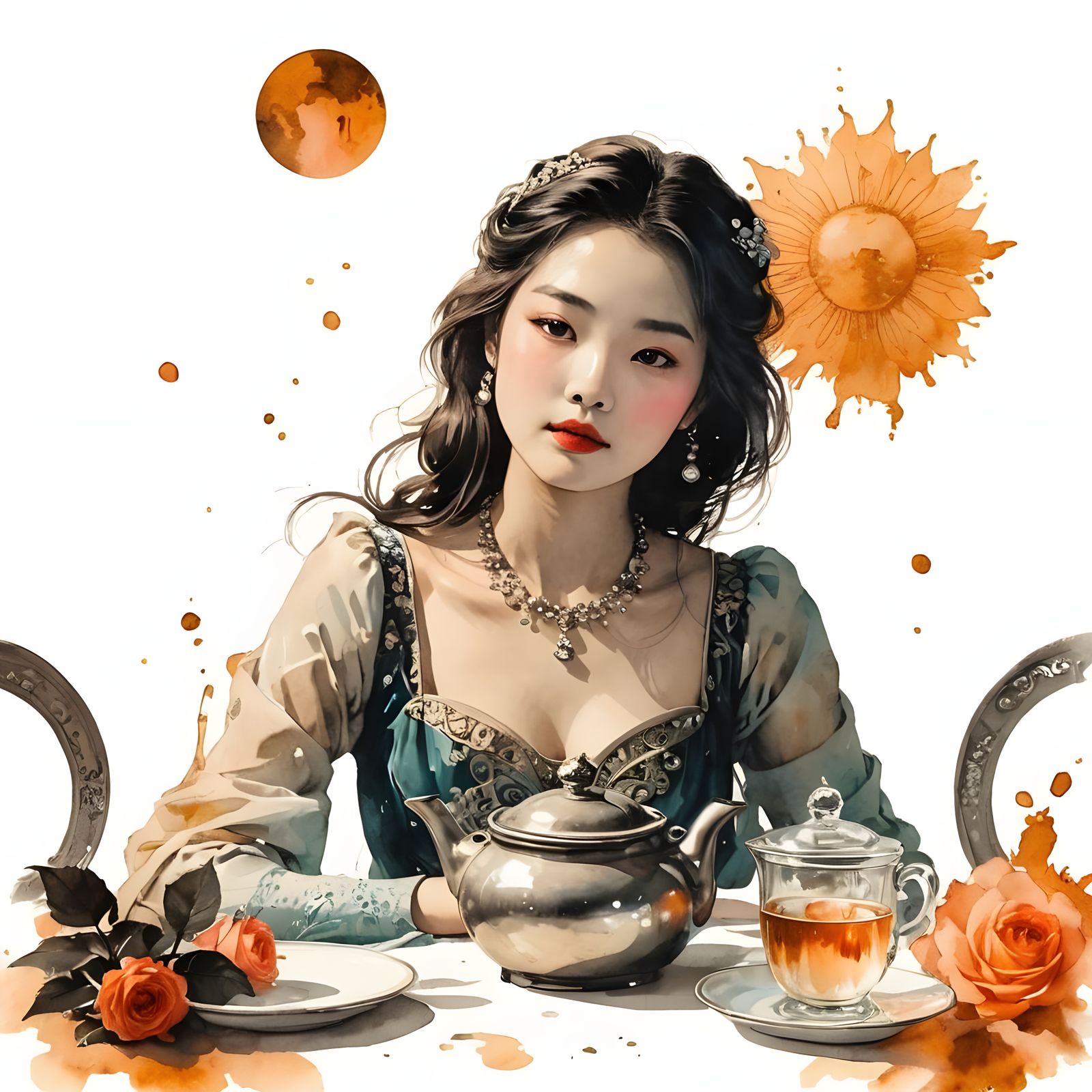 Sumi-e Portrait with Diluted Inks and Geometric Style