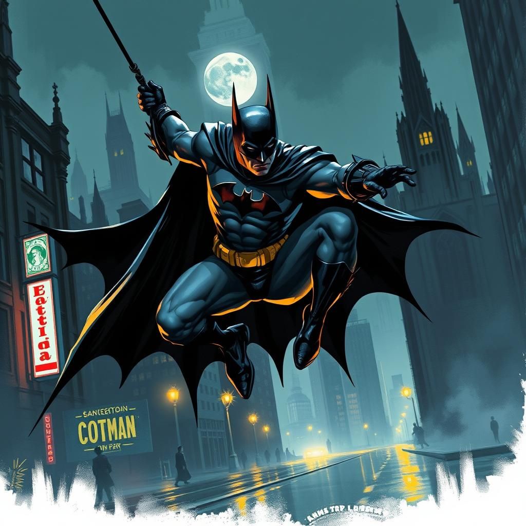 Batman Soaring Through Gotham: A Film Noir Scene