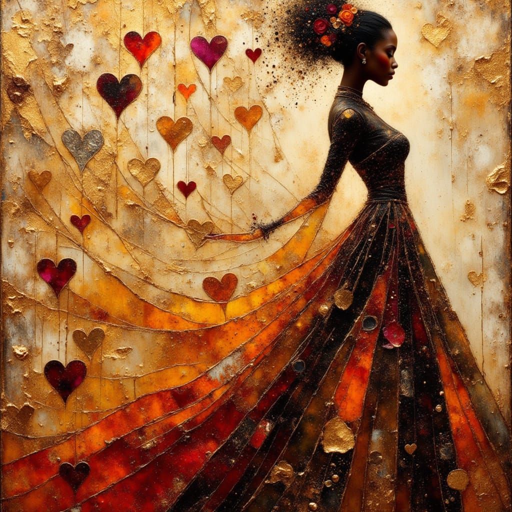 African Princess Silhouette with Hearts, Impasto Style