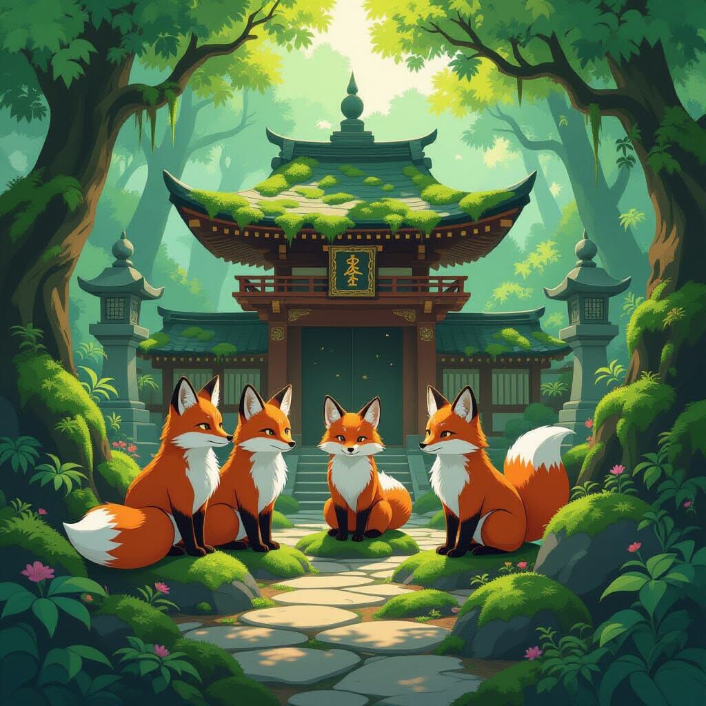Ghibli Temple in Forest with Three Foxes