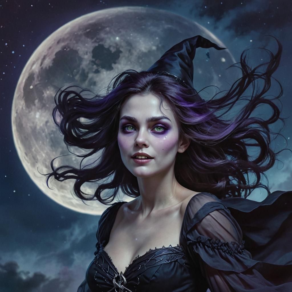 Ethereal Witch Flying Across Moonlit Sky
