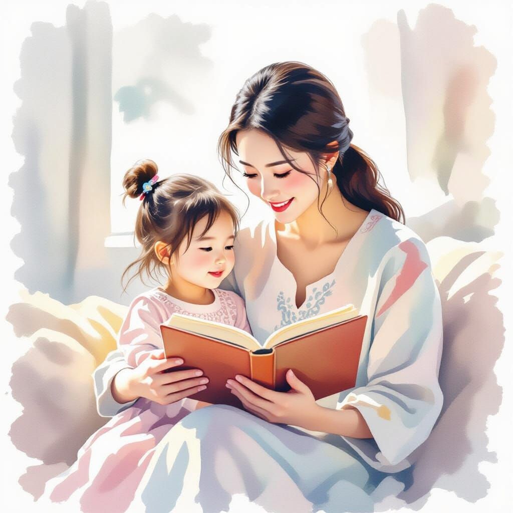 Mother Reading to Daughter in Soft Watercolor Style