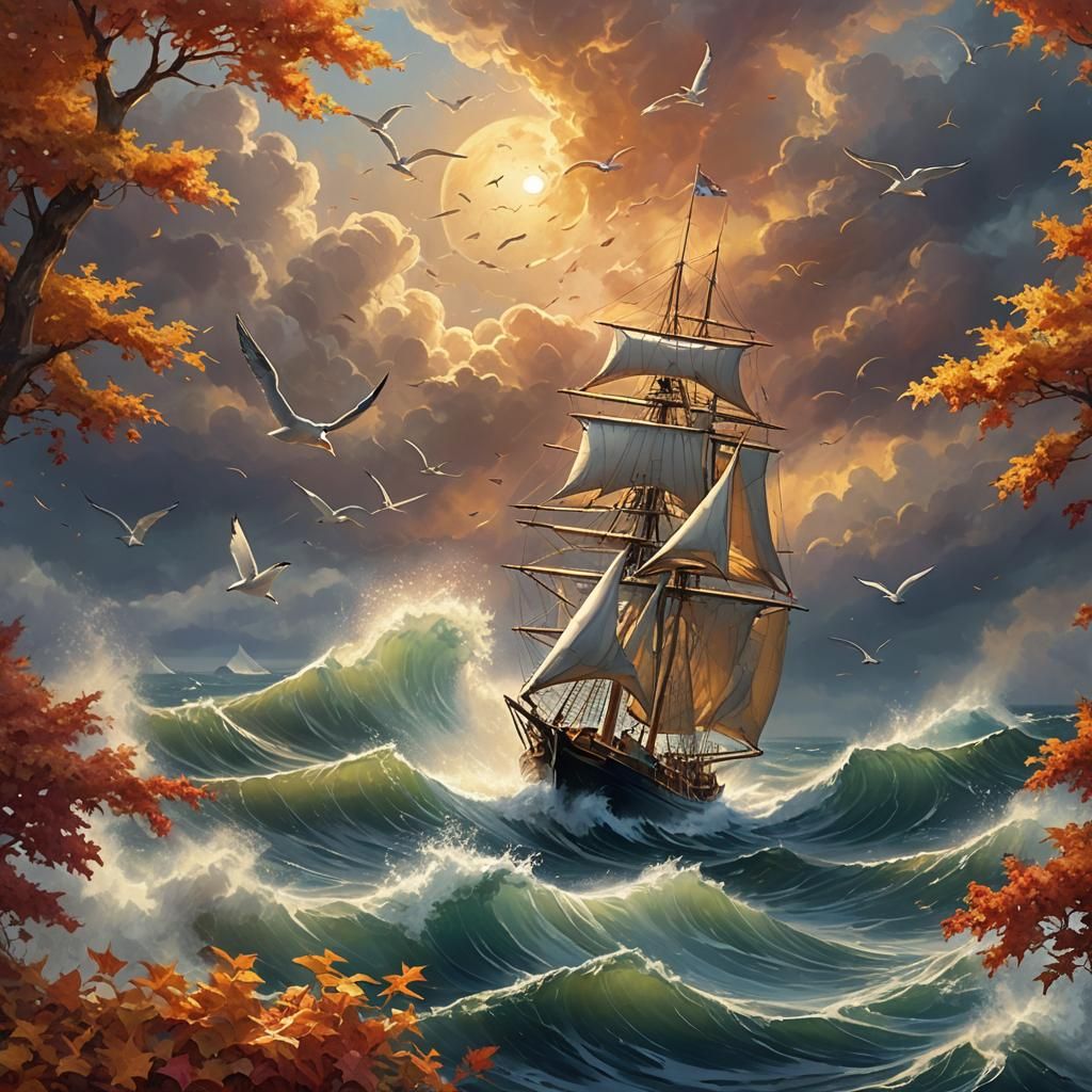 Sailboat on Stormy Sea with Earth, Ethereal Fantasy Art