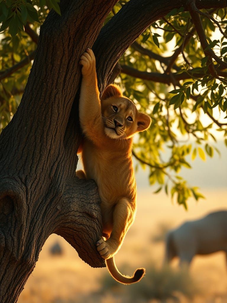Simba Clings to Tree Branch: A Cinematic Film Still