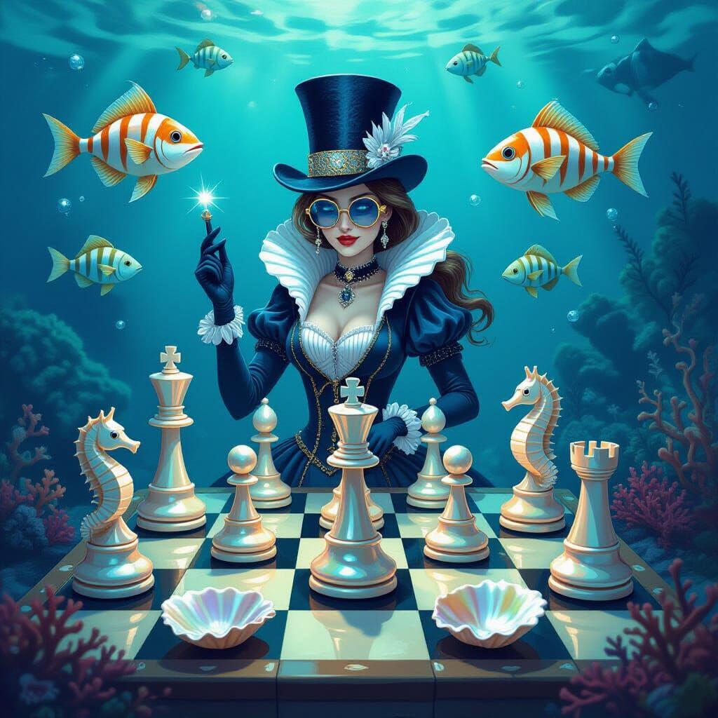 Underwater Kingdom Chessboard with Bioluminescent Deep-Sea C...