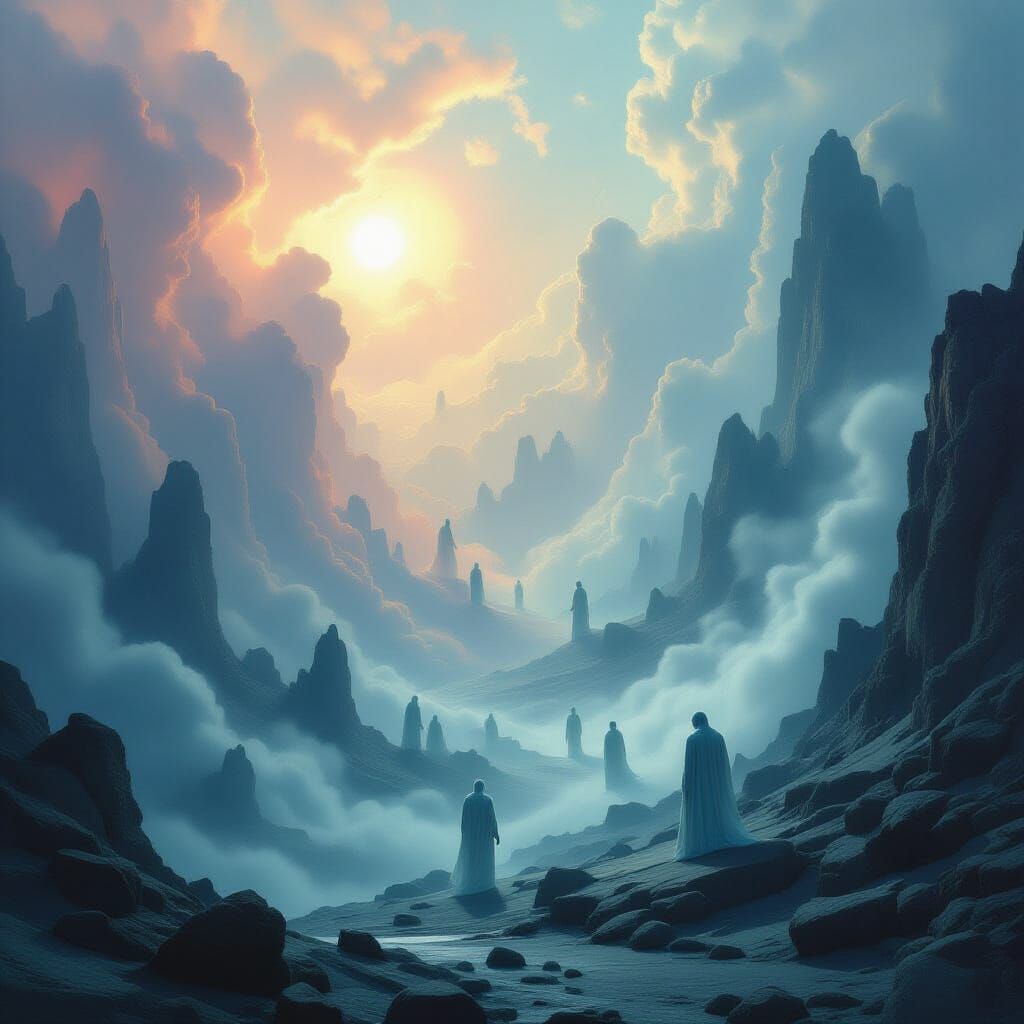 Surreal Afterlife Landscape with Ethereal Souls