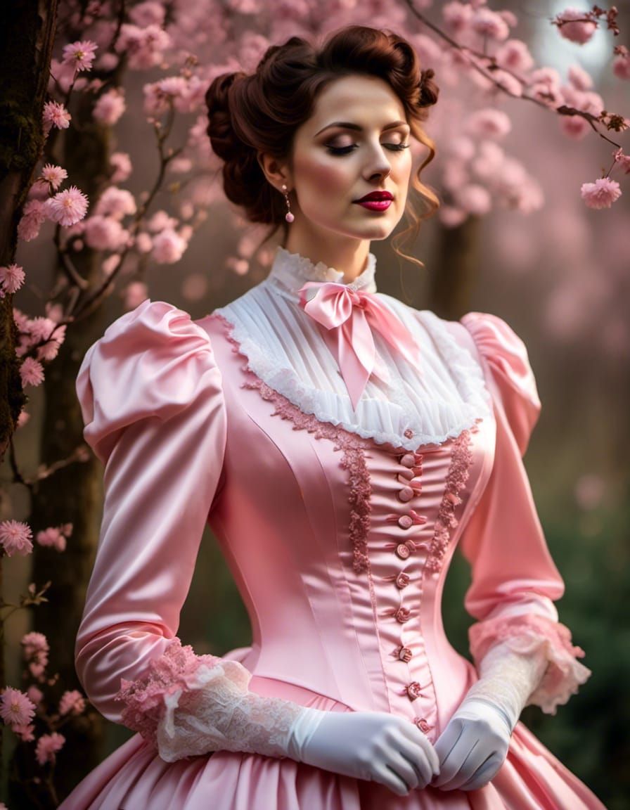 Victorian Woman in Pink Satin Dress