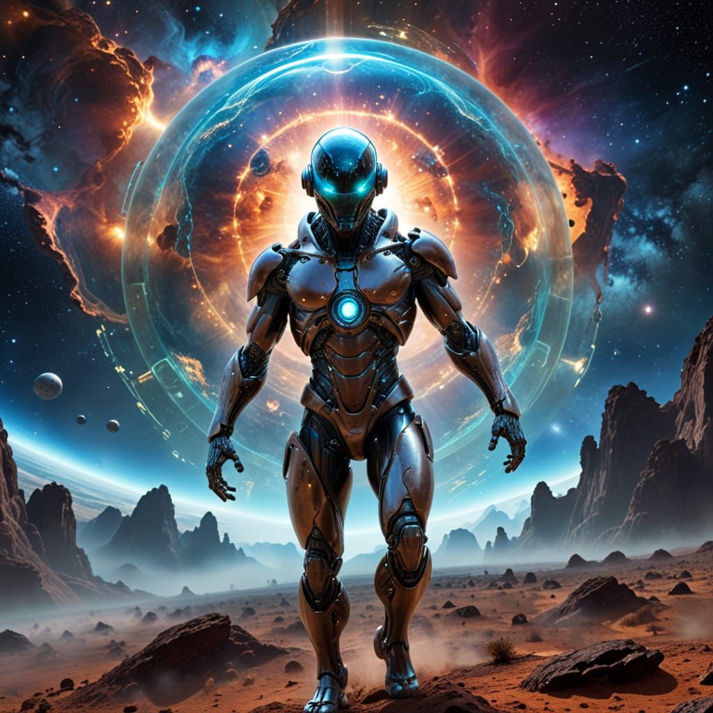 Cosmic Cyborg Shield in a Vibrant Nebula Landscape