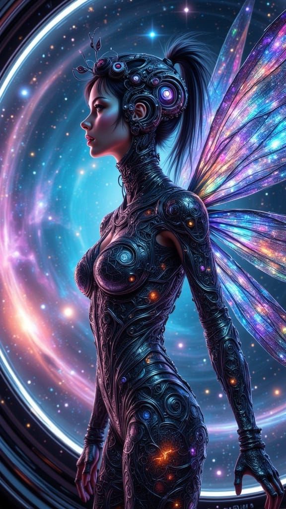 Cyborg Fairy Astronaut Gazing at Nebulae in Spaceship