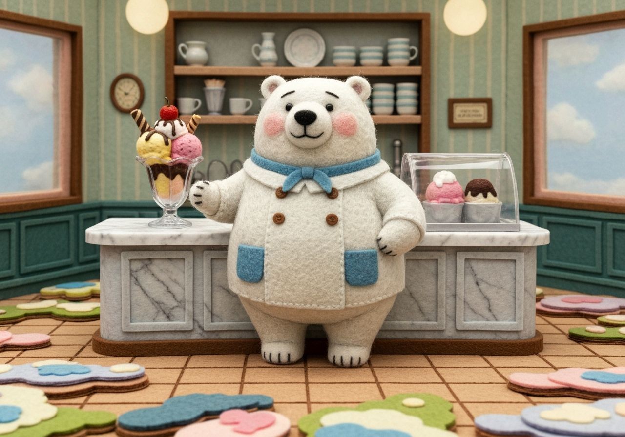 Chibi Polar Bear Serving Ice Cream in Felt Art Style