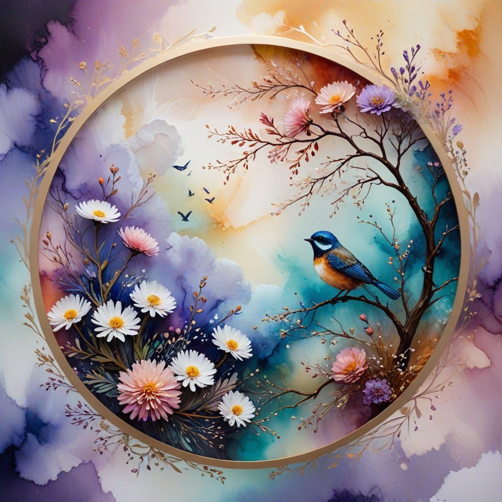 Alcohol Ink Art: Circular Floral Design with Bird