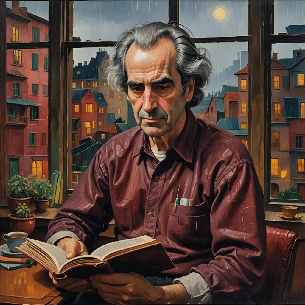 Man Reading Book with Rainy Night Backdrop