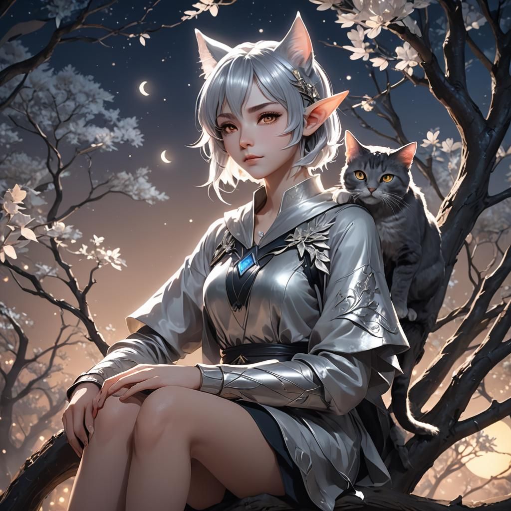 Androgynous Elf with Cat Ears in Anime Style