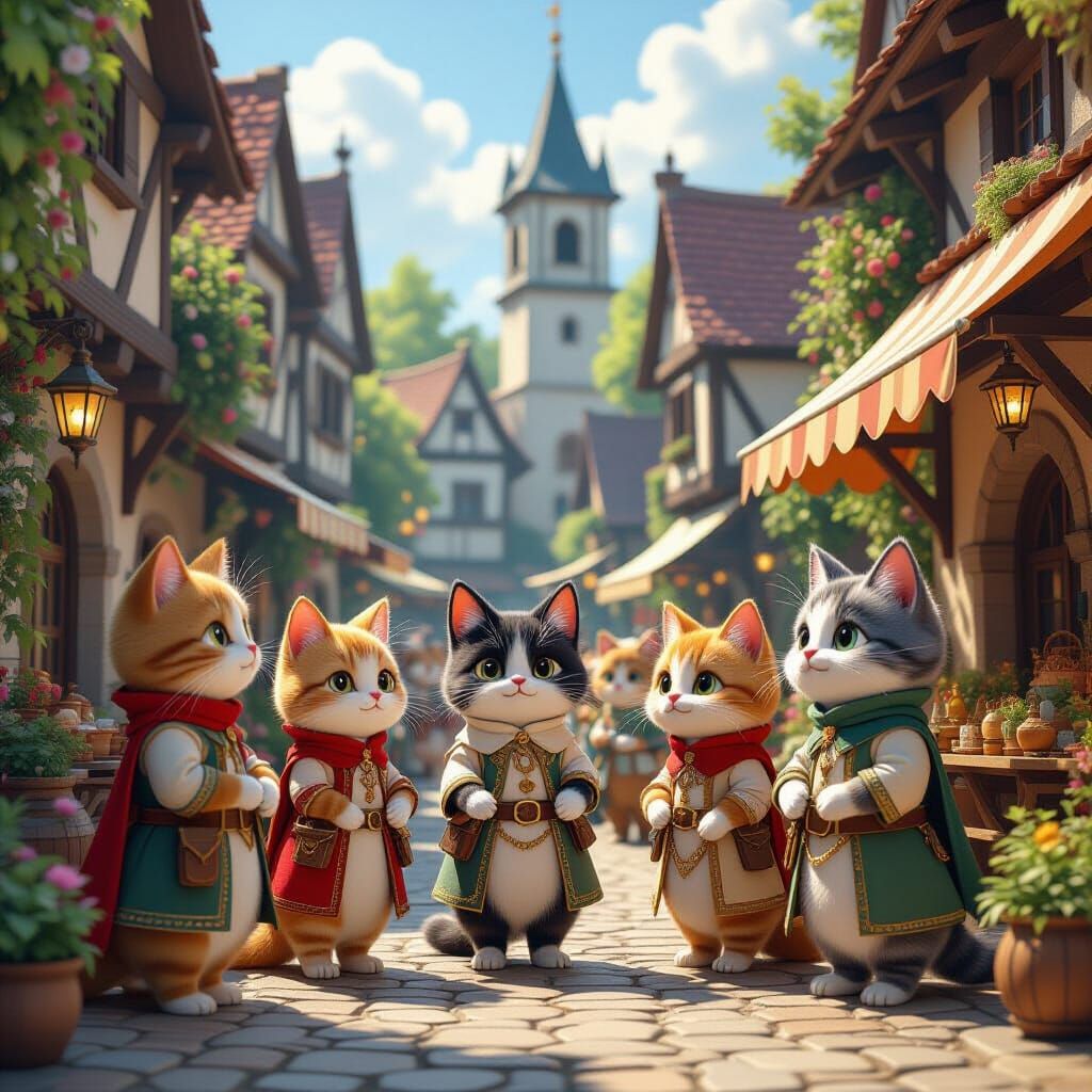 Medieval Cat Fair: A Fantasy Anime Scene