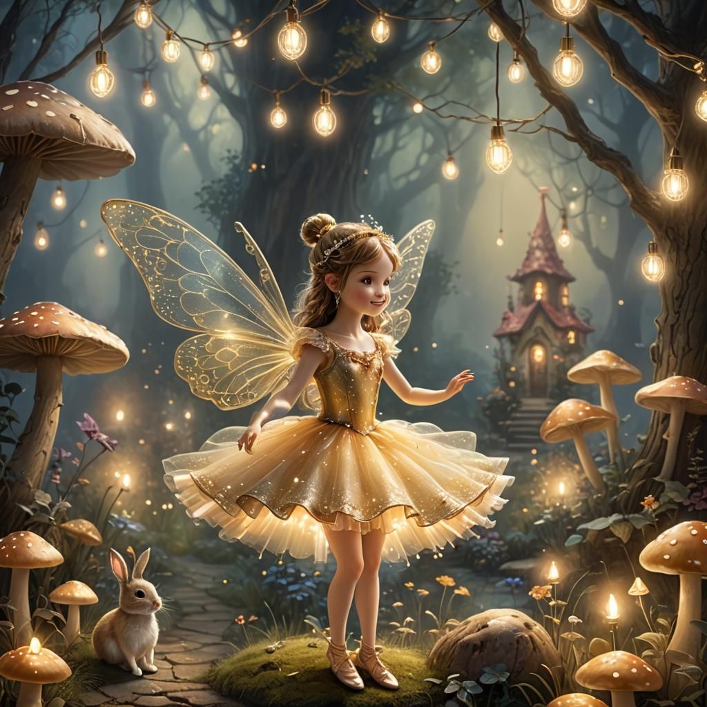 Luminescent Fairy with Rabbit in Misty Forest