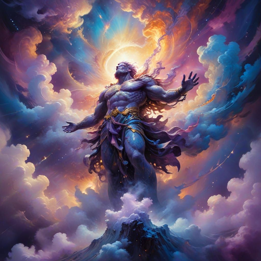 Cosmic Impressionist Giant in Ethereal Vortex