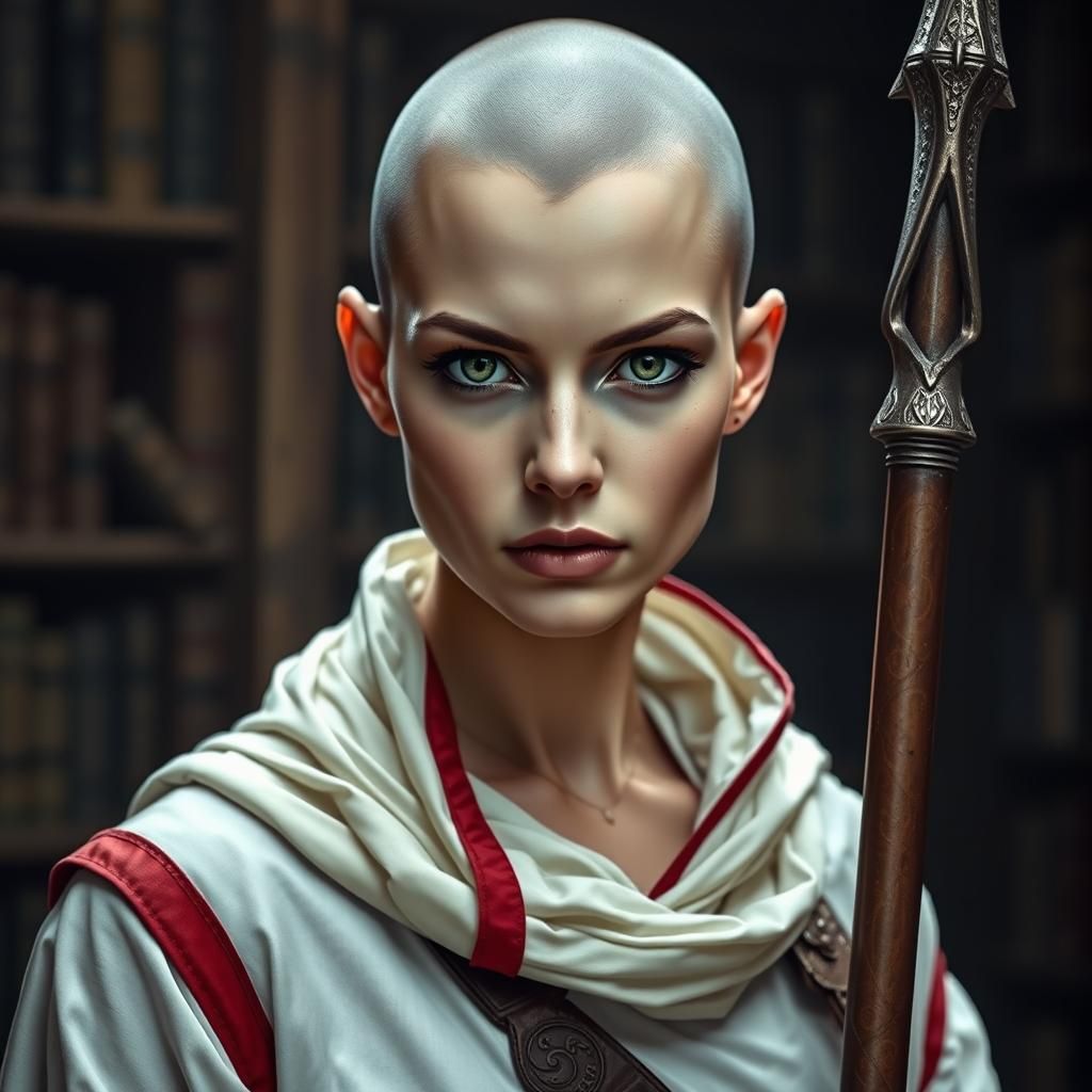 Pale Woman Warrior Monk in Medieval Library