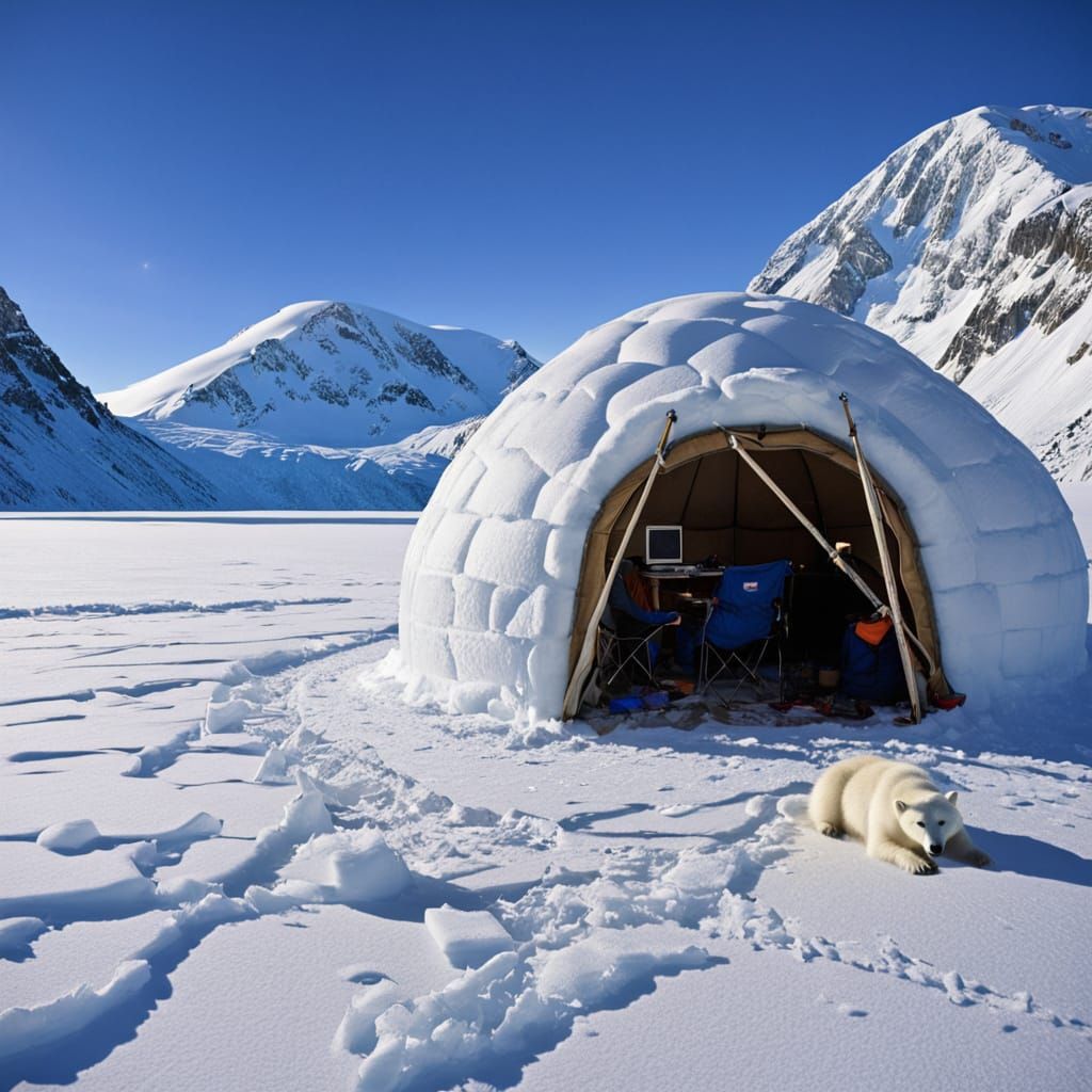 Alaskan Wilderness Igloo With Winter Campers Fishing