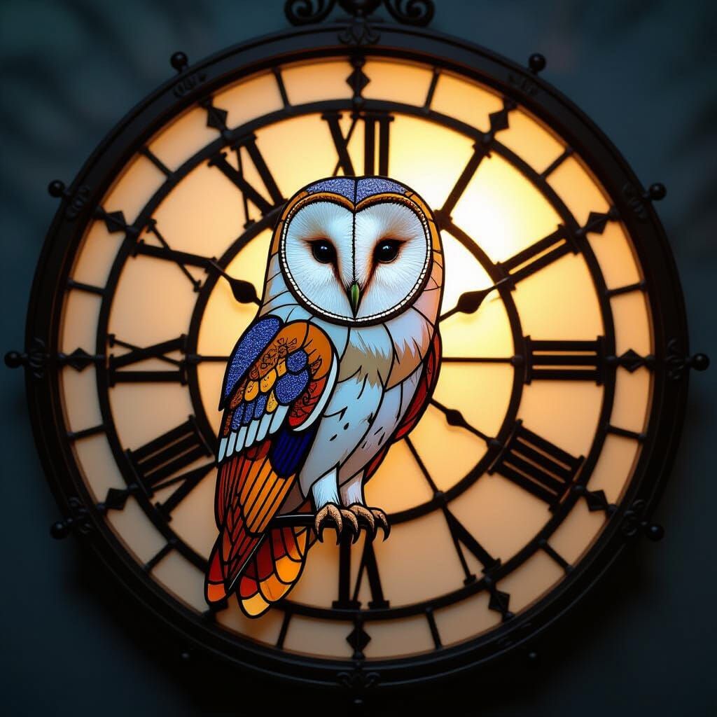 Stained Glass Barn Owl with Clockwork, Cinematic Lighting