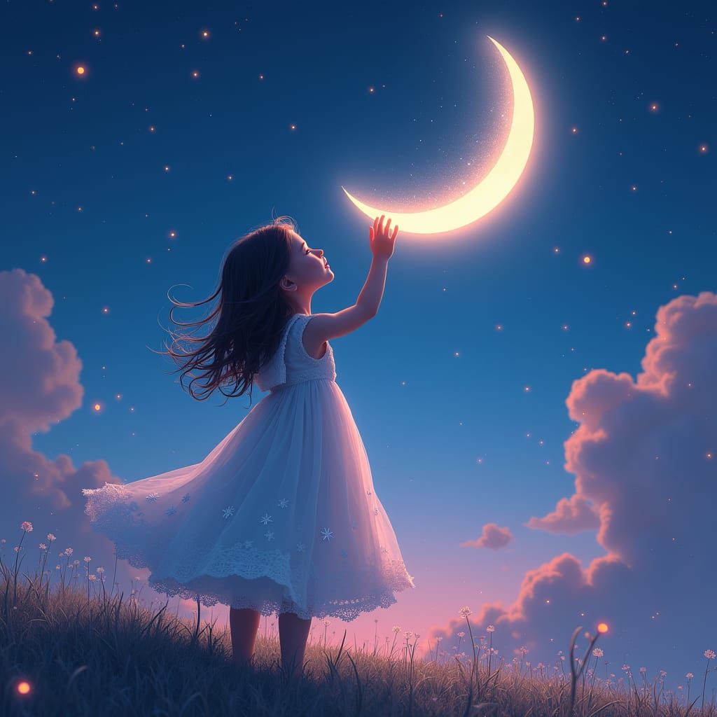 Girl Touches Moon in Dreamlike Fantasy Art