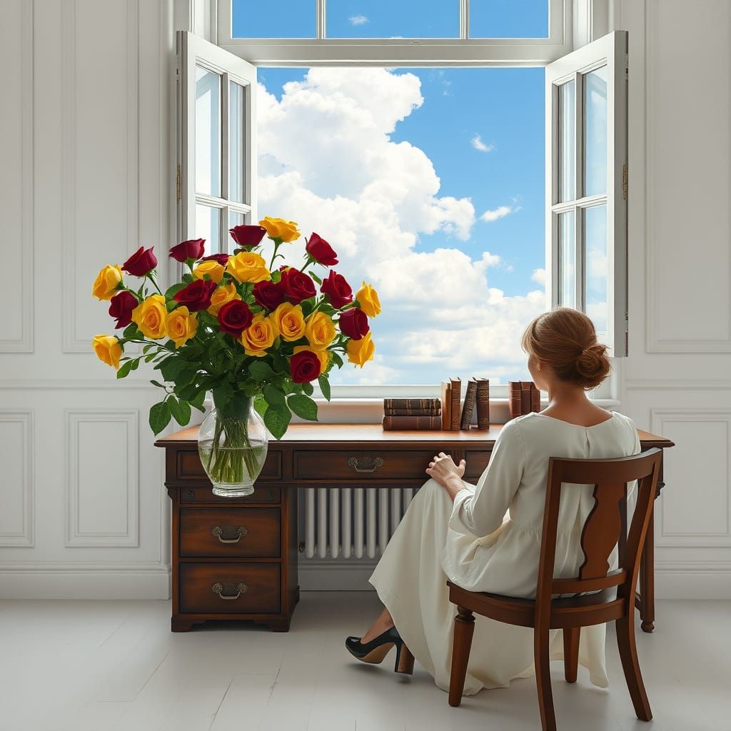 Impressionistic White Room with Roses and Books