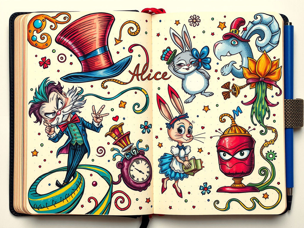 Alice in Wonderland Doodle Page in Steampunk Style