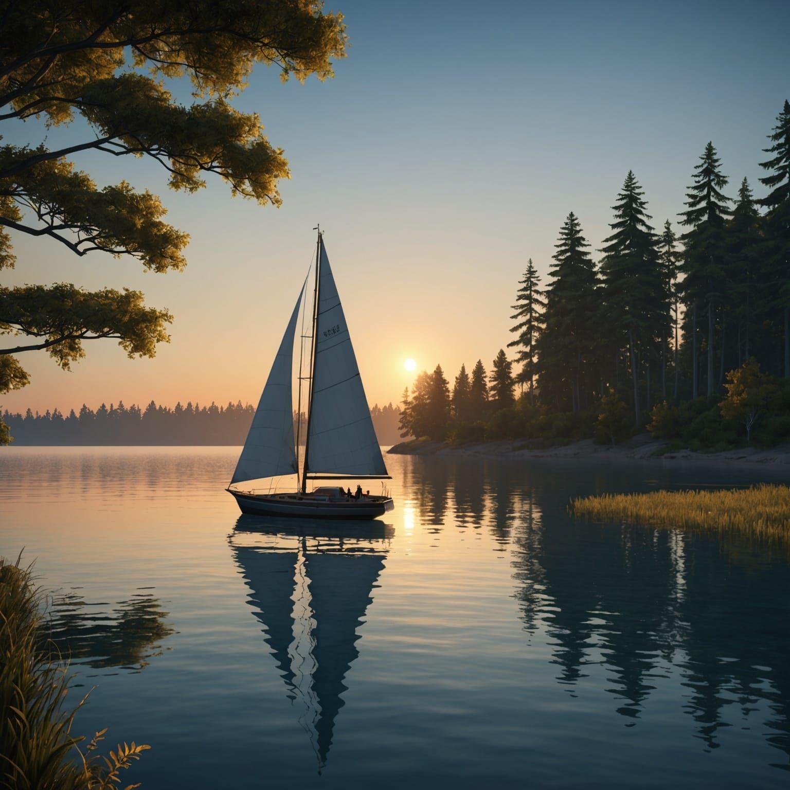 Sailboat on Serene Ocean at Sunset: Matte Painting