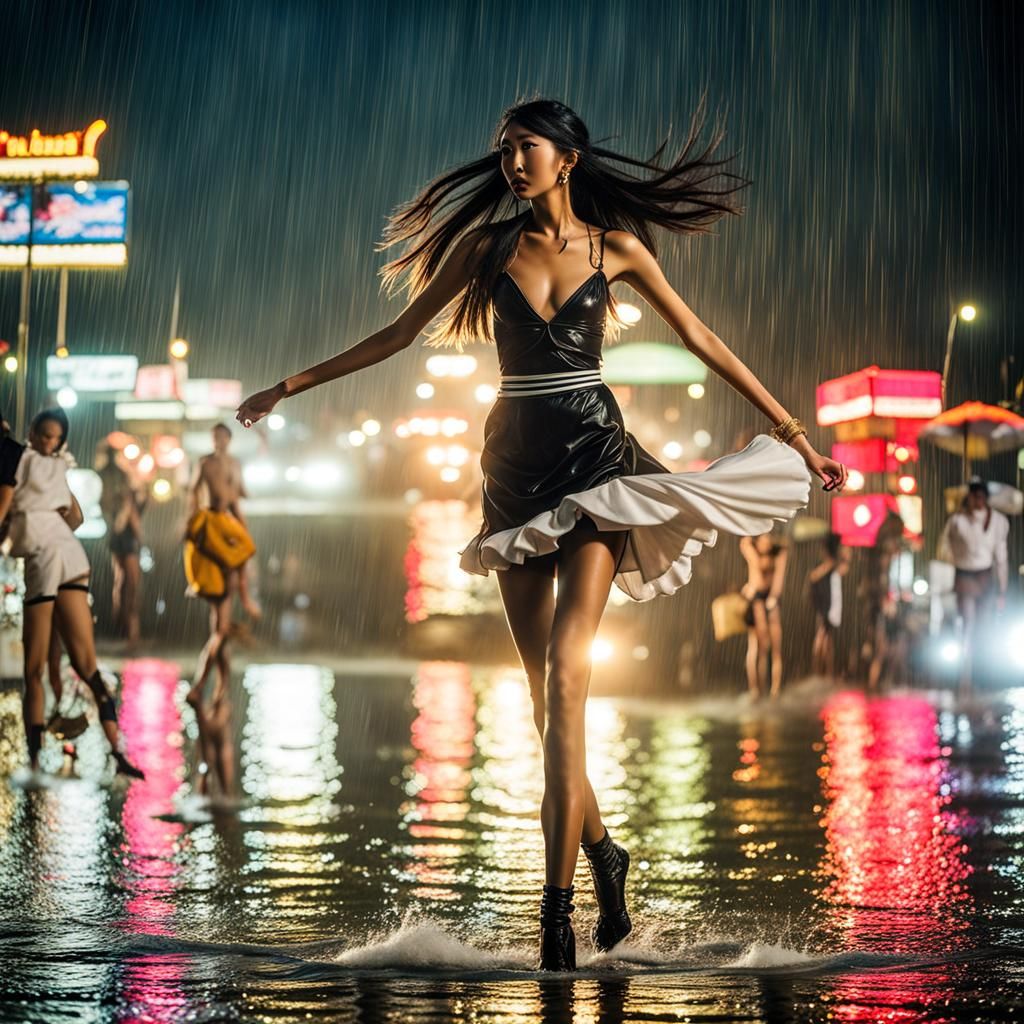 Ainu Model in Vogue Style on Flooded Street