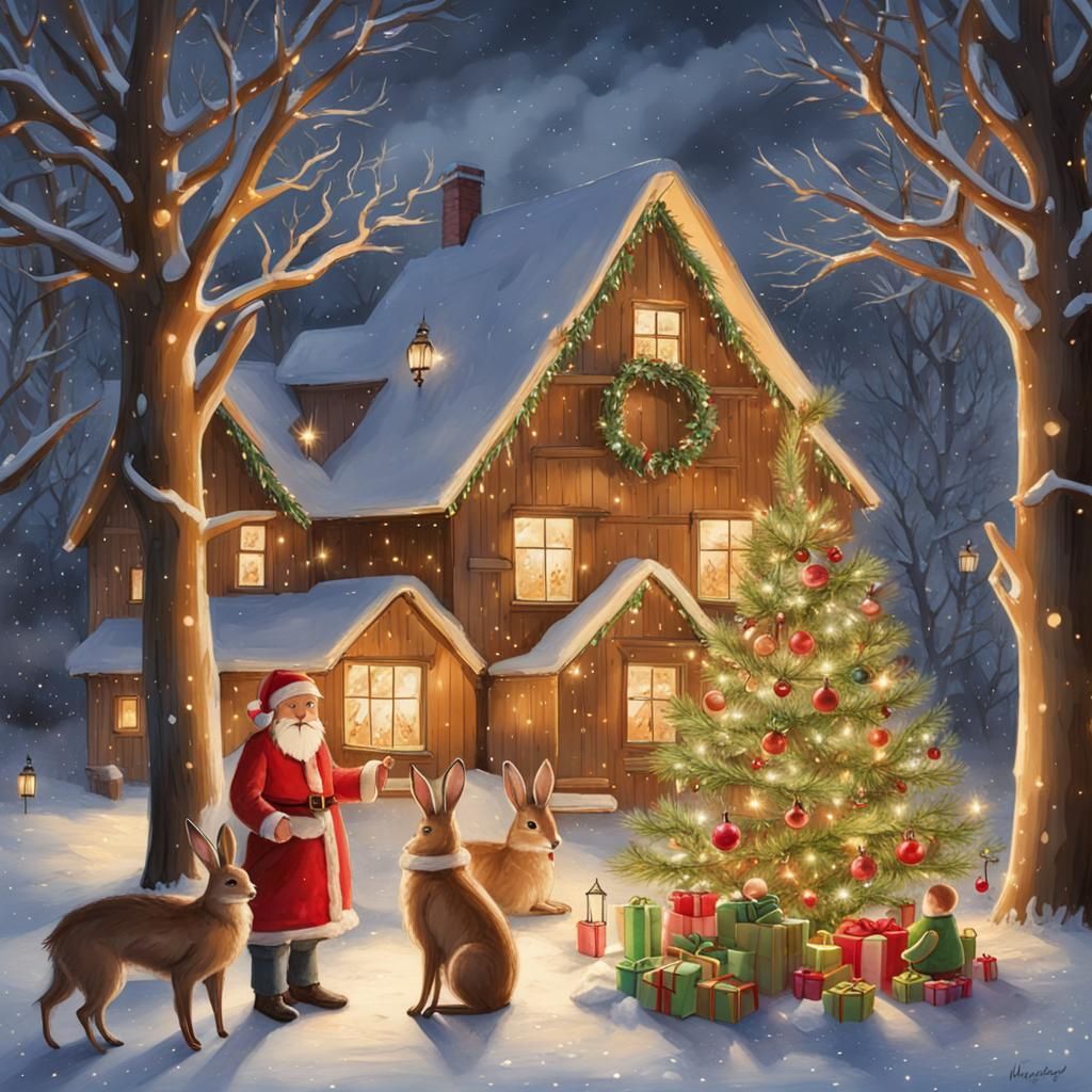 Rabbit Family Celebrates Christmas in Forest Clearing