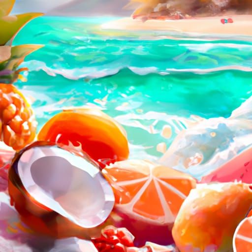 Tropical Beach with Fruits and Coral